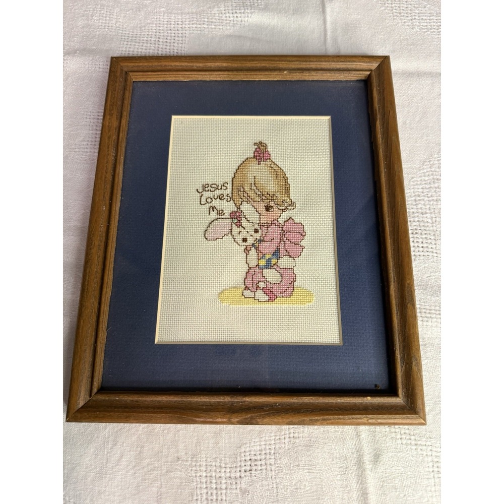 Handmade Framed Cross Stitch "Jesus Loves Me" Girl in Pink Finished Embroidery